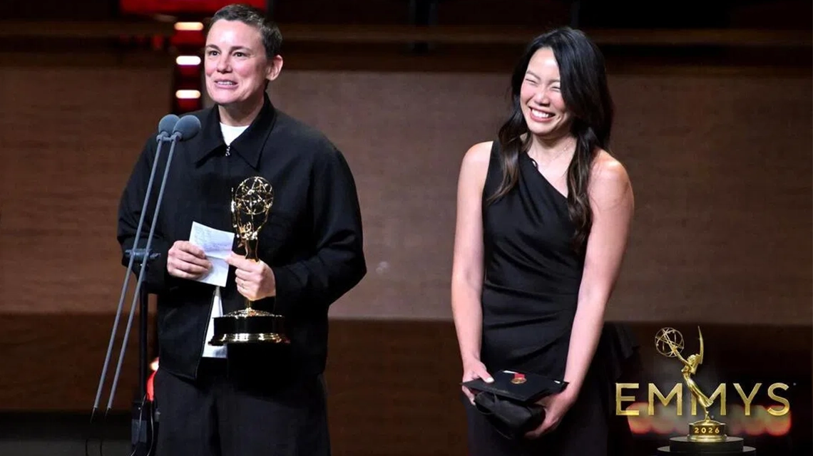 Singaporean art director Amanda Koh (right) with director Lauren Fisher at the 47th Sports Emmy Awards. PHOTO: NATIONAL ACADEMY OF TELEVISION ARTS AND SCIENCES