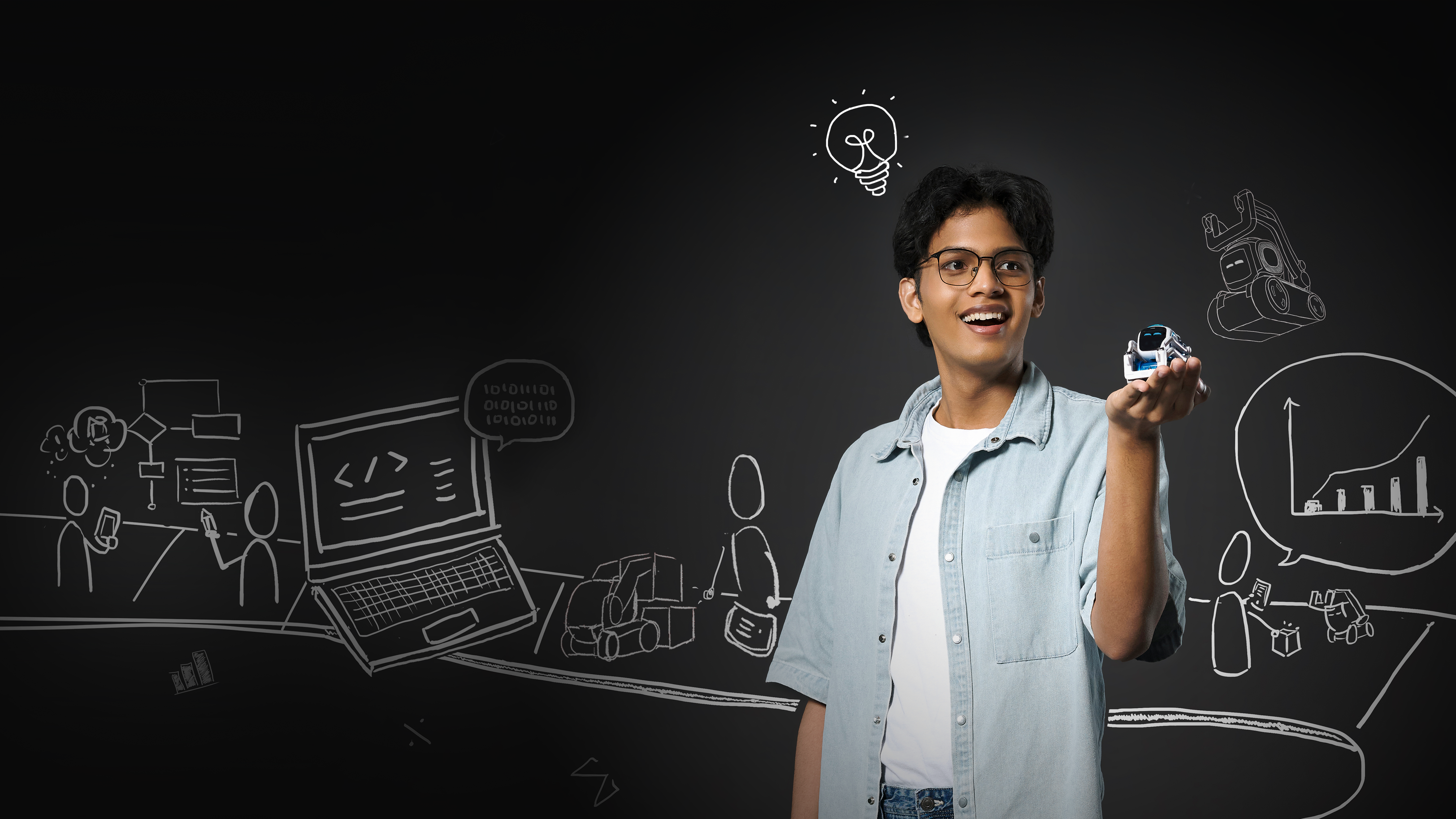 Boy holding a robot toy with sketches of user journey in the background