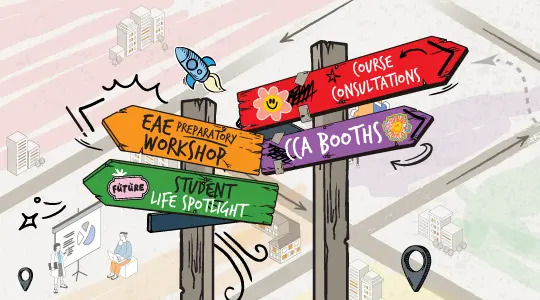 Visual of a direction sign showing "EAE PARENTS' SEMINAR", "COURSE CONSULTATIONS", "STUDENT LIFE SPOTLIGHT", and "CCA BOOTHS".