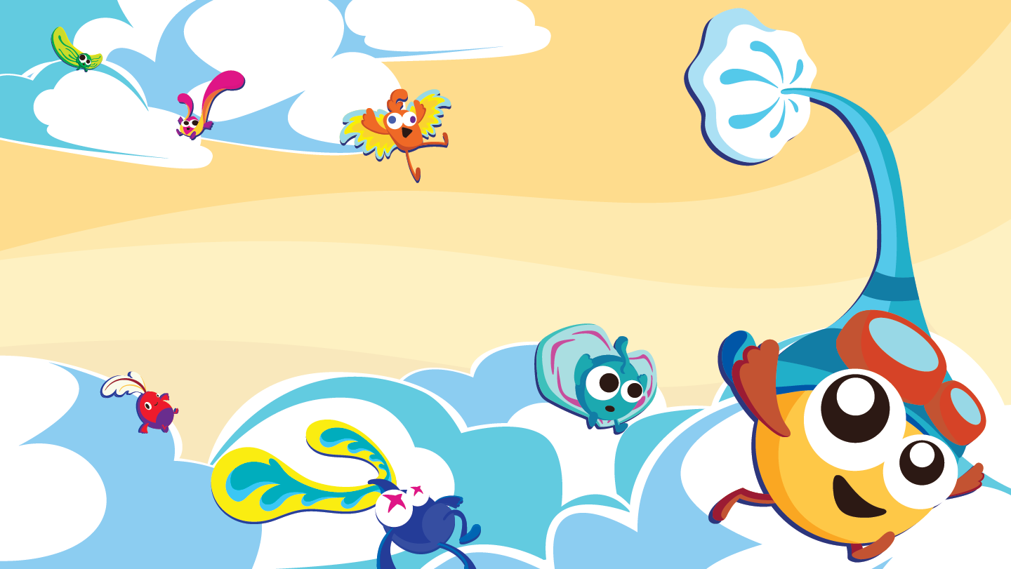 Key visual of NYP Freshman Orientation Camp mascots flying over yellow sky and clouds.