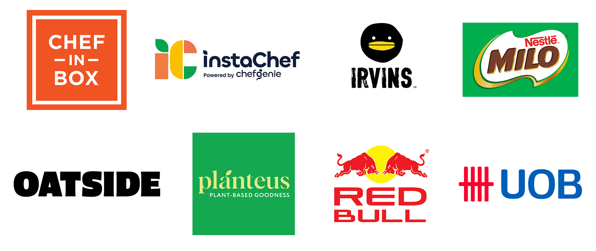 Company logos: Chef-in-box, instaChef, Irvins, Milo, Oatside, plánteus, Red Bull, UOB.