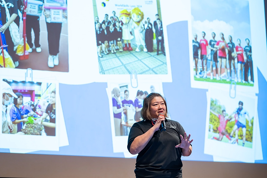 Dr Lina Chong (Director, Student Development & Alumni Relations Office) giving a presentation during Open House 2025.