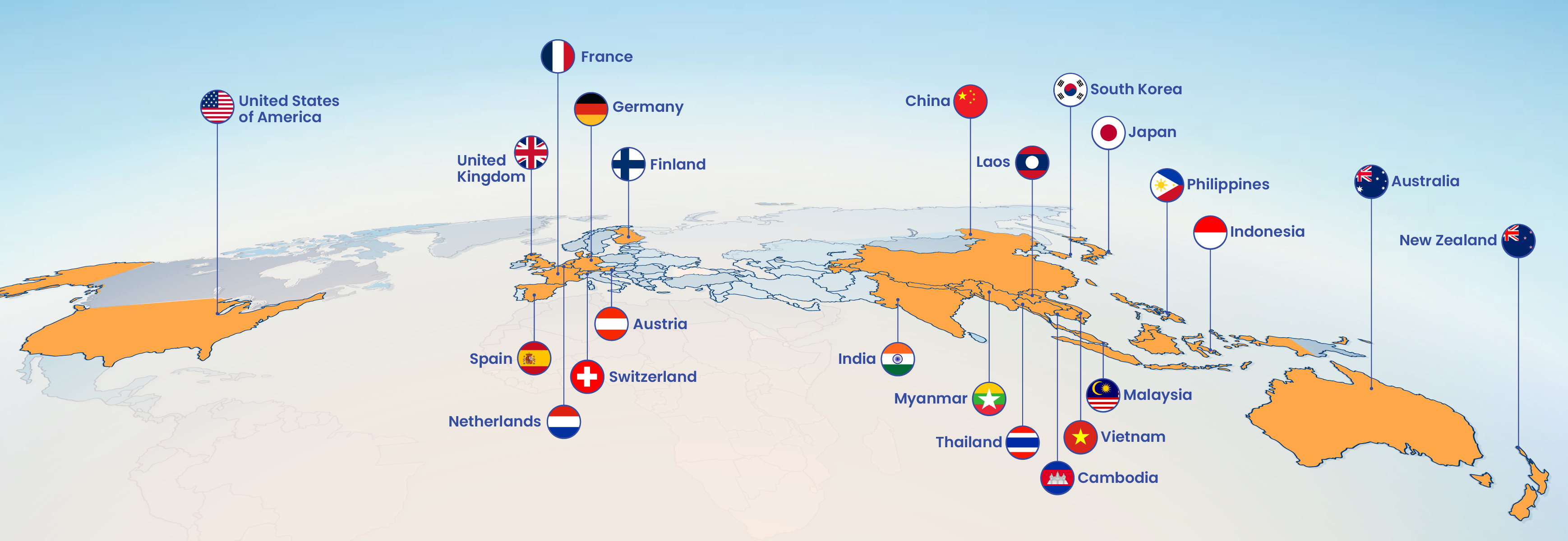 World Map illustration, highlighting countries that NYP students visited in orange