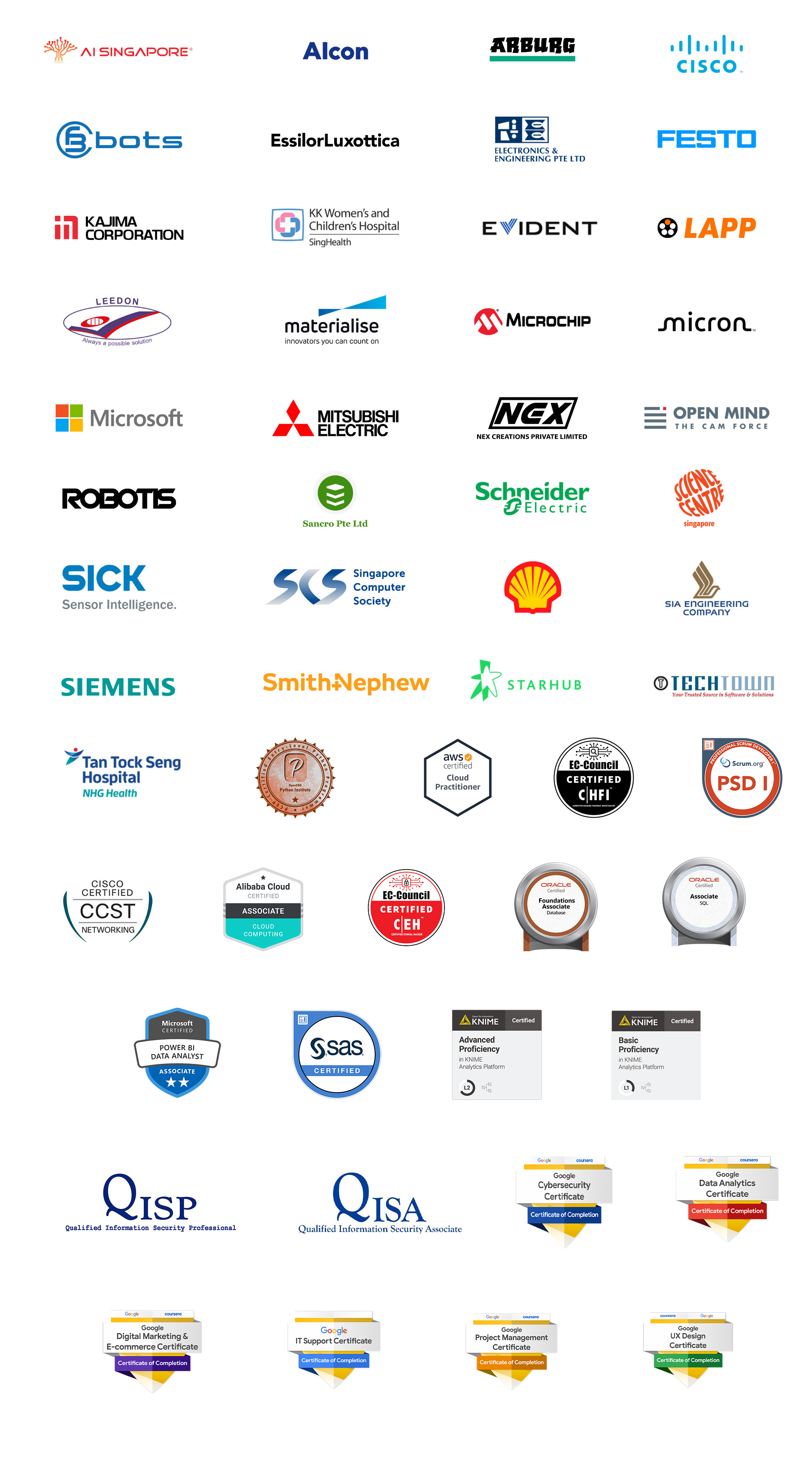 Company logos: AISG, Arburg, Cisco, CFB Bots, E&E, Essilor Luxottica, Festo, Kajima, Corp, KKH, Evident Scientific, LAPP, Leedon-Seaward, Materialise, Microchip Technologies, Micron, Microsoft, Mitsubishi Electric, Nex Creations, Open Mind, Robotis, Sancro, Schneider Electric, SCB, SICK, Shell Eastern, Siemens, SIAEC, Starhub, SCS, Smith+Nephew, TechTown, TTSH