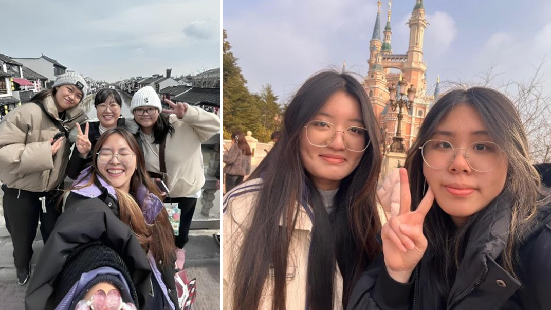 [Left Picture] Zhang Jiayi (front), Valerie Ong Ting Rui (second row, leftmost), and Ang Hwee Yee (second row, rightmost) with their supervisor, Ms Cheng Yang, at The Qingming Bridge Ancient Canal Scenic Area; [Right Picture] Choong Shu Yin (left) and Eliana Lam (right) at Shanghai Disneyland