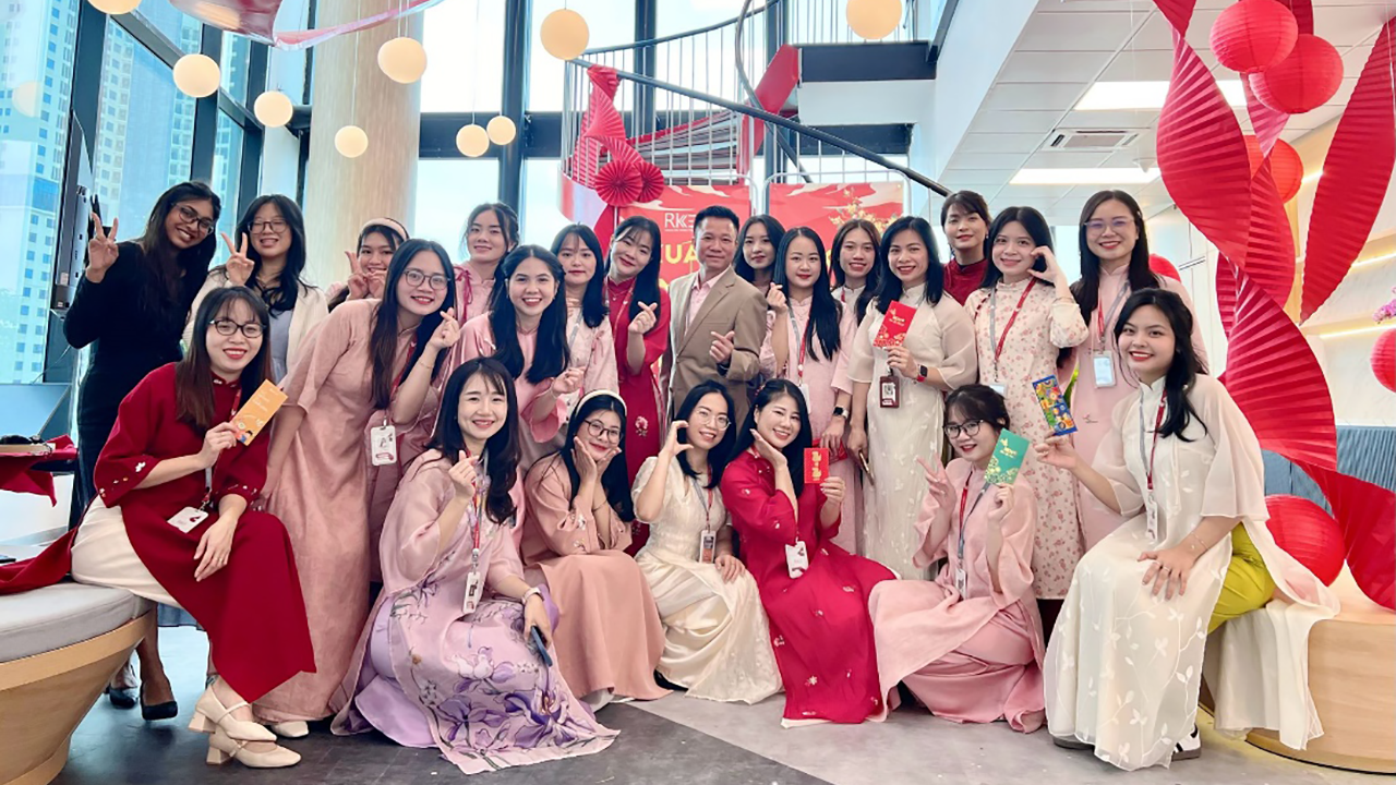 Rajeswari (Backrow Left 1) participating in Rikkeisoft’s celebration of Chinese New Year, known as Tet in Vietnam.
