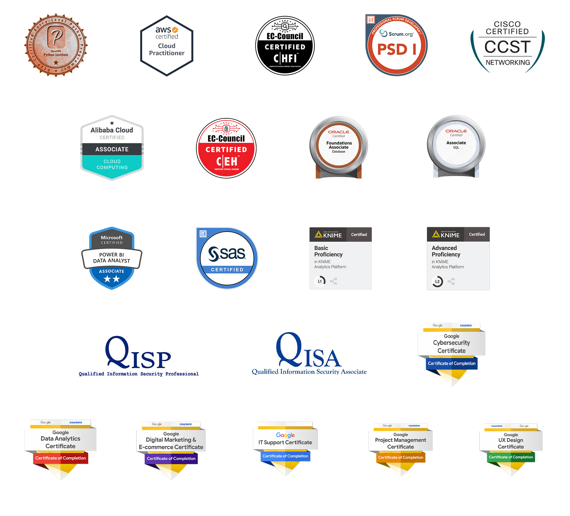 Co-certification logos: PCEP, ACP, CHFI, PSD1, CCST ,ACA, CEH, PSM1, SAS, Oracle Database Foundations Associate, Oracle SQL Associate, MS Power BI Data Analyst, SAS Certified Specialist ML, KNIME Level 1 Analytics, QISP, QISA, Google Cybersecurity, Google Data Analytics, Google Digital Marketing & Ecommerce, Google IT Support, Google Project Management, Google UX Design.