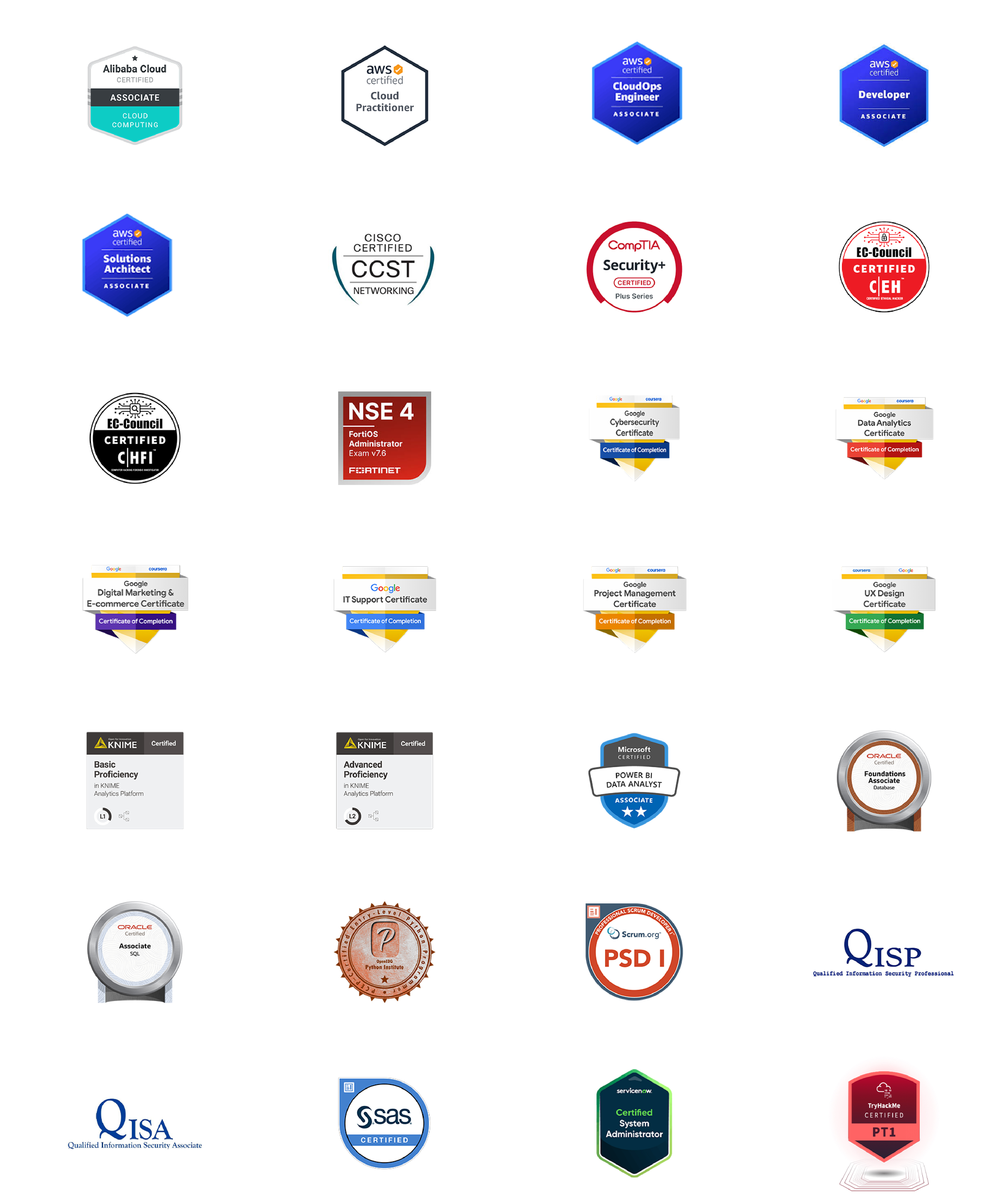 Co-certification logos: PCEP, ACP, CHFI, PSD1, CCST ,ACA, CEH, PSM1, SAS, Oracle Database Foundations Associate, Oracle SQL Associate, MS Power BI Data Analyst, SAS Certified Specialist ML, KNIME Level 1 Analytics, QISP, QISA, Google Cybersecurity, Google Data Analytics, Google Digital Marketing & Ecommerce, Google IT Support, Google Project Management, Google UX Design, CSA, AWS, PT1, CompTIA,Fortinet