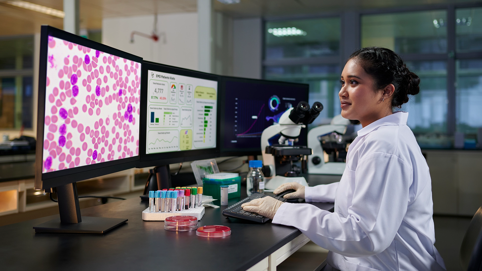 Girl in lab coat looking at biomedical statistics on three desktop screens.