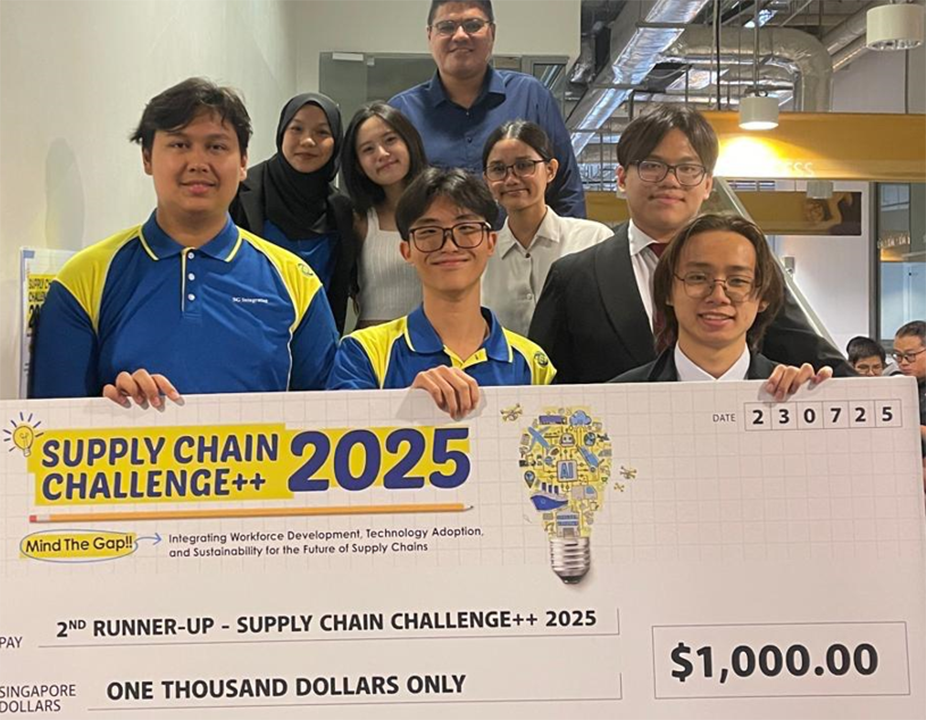 Students from DBM (Supply Chain Management) received a cheque as one of the winners of the Supply Chain Challenge 2025. List of learners: Meuthia Dzahirah Binte Abdulloh Mubarok, Chua Xin Zhe, Irfan Ryan Gruis 