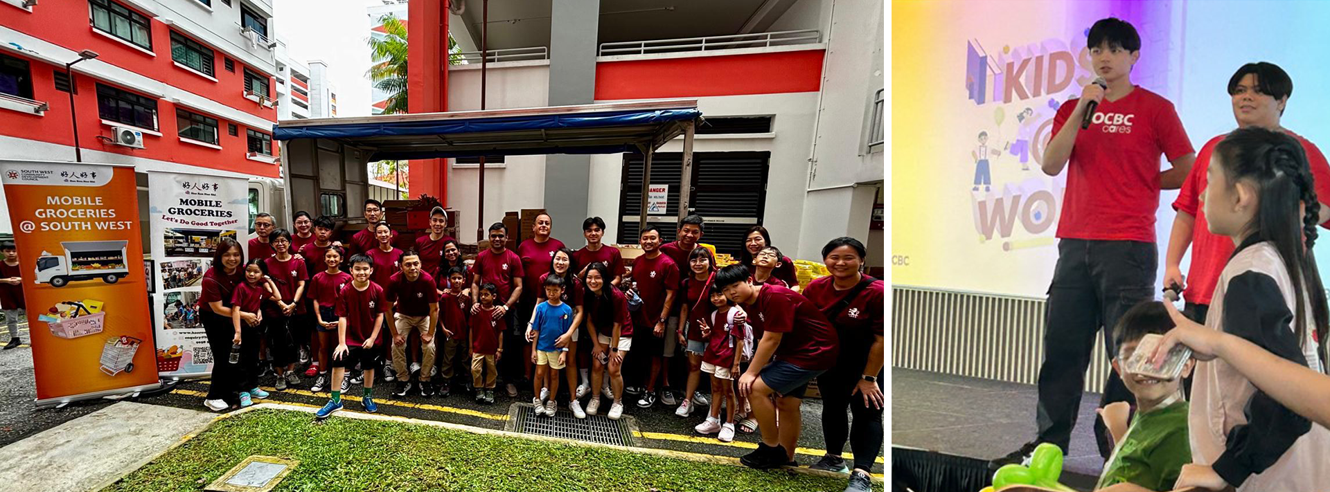 (Left picture) Ethan Phua, a Year 2 student participated in their company’s effort in distributing essential items to vulnerable families. (Right picture) Eugene Peck, a Year 2 student hosting KIDS@WORK event. 