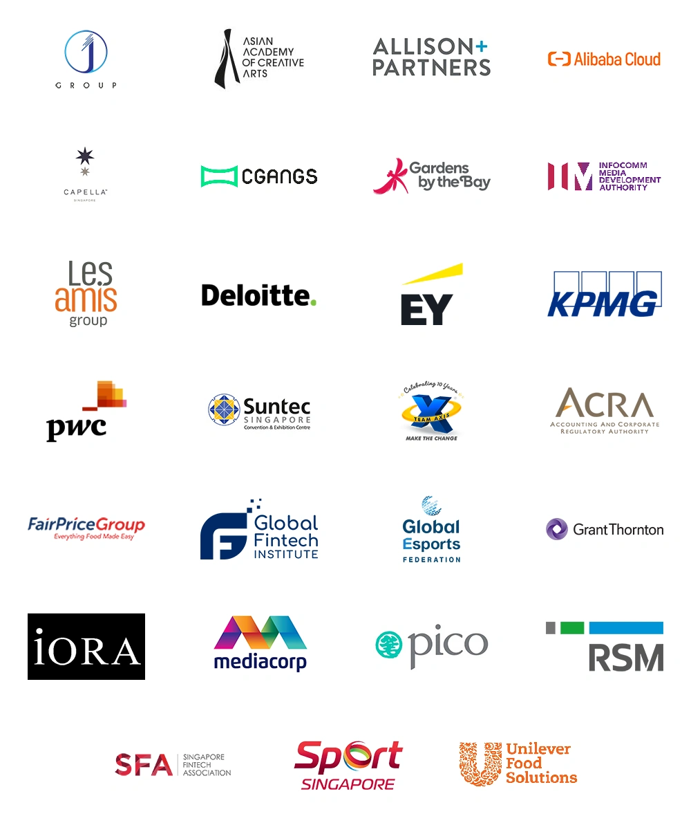 Company logos: 1-group, AACA, ACRA, Alibaba Cloud Singapore, Allison Partners, Capella Singapore, Cgangs, Deloitte, Ernst & Young, FairPrice Group, Gardens by the Bay, Global eSports Federation, Global Fintech Institute, Grant Thornton, IMDA, iORA, KPMG, Les Amis Group, Mediacorp, PICO, PWC, RSM Singapore, Singapore Fintech Association (SFA), SportSG, Suntec Singapore, Team Axis, Unilever