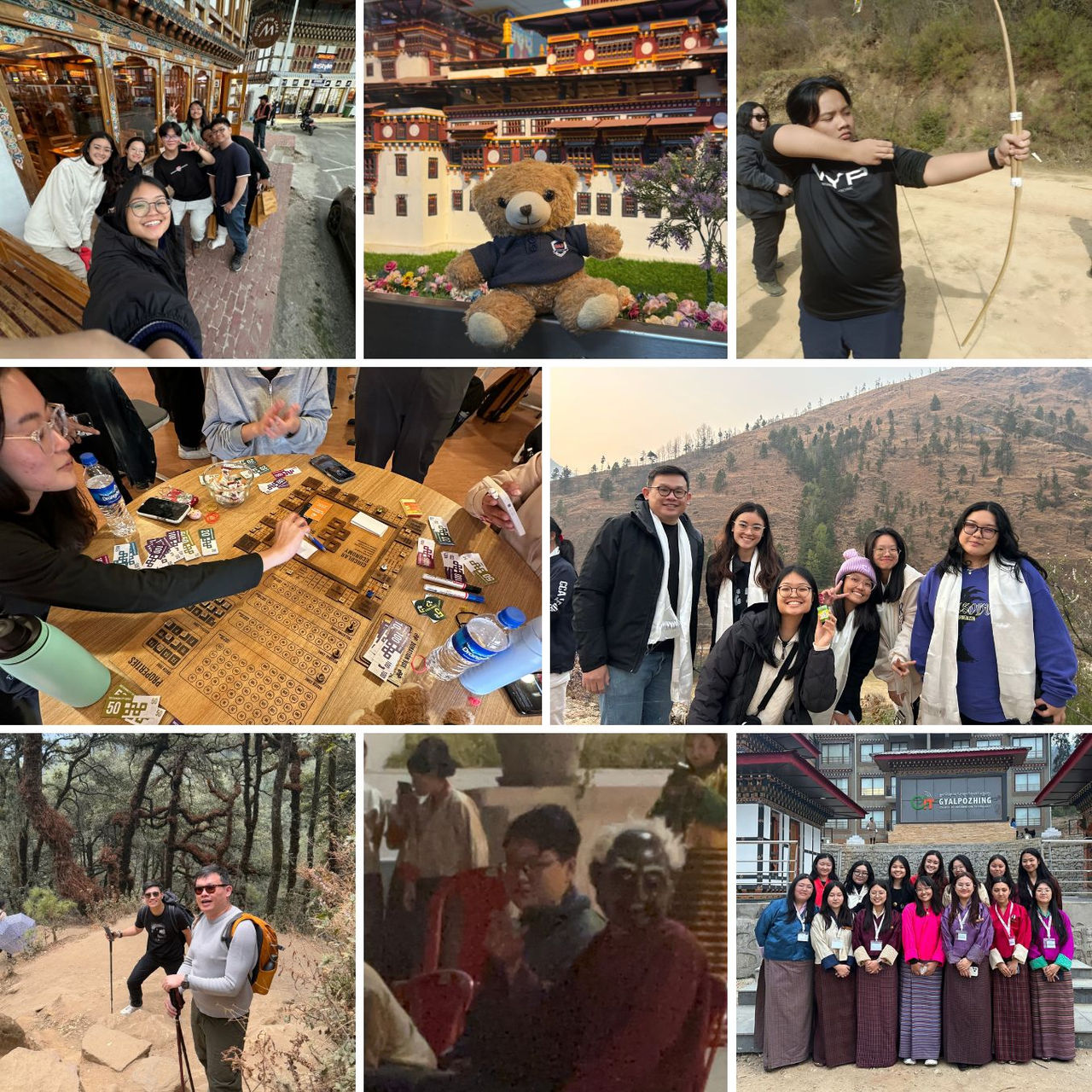 A collage of students taking selfies, playing Bhutanese board games and archery, trekking and more.