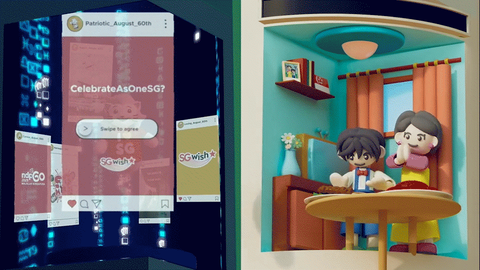Animation sequence in two halfs: The Merlion looking at various Instagram post screengrabs, and the merlion enjoying chilli crab and satay with a boy and a woman.