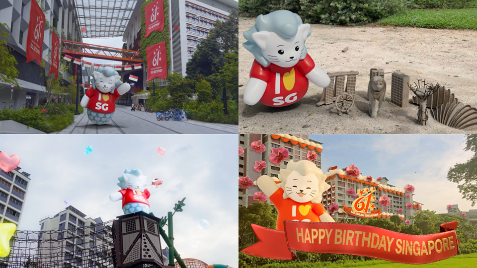 Collage of images of mascot August interacting with Singapore landmarks.