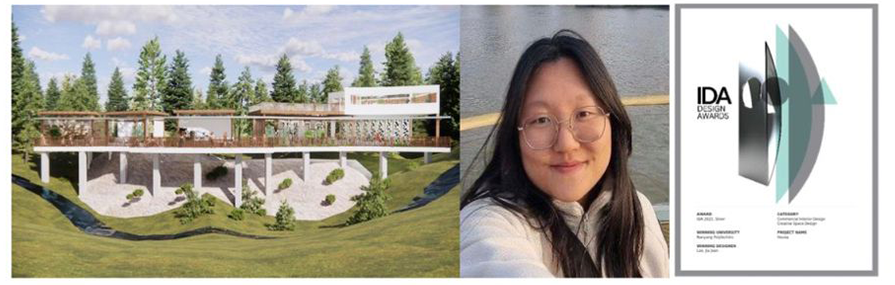 An image of Lee Jia Jean’s Hevea discovery centre proposal, depicting a stepped, greenery-lined building that leads visitors from enclosed history galleries to brighter spaces and treetop decks overlooking Bukit Panjang.