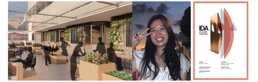 An image of Bernice Lee’s Echoes of the Corridor design, showing HDB corridors enhanced with planter boxes, integrated benches and permeable panels that guide residents toward a small stepped community garden.