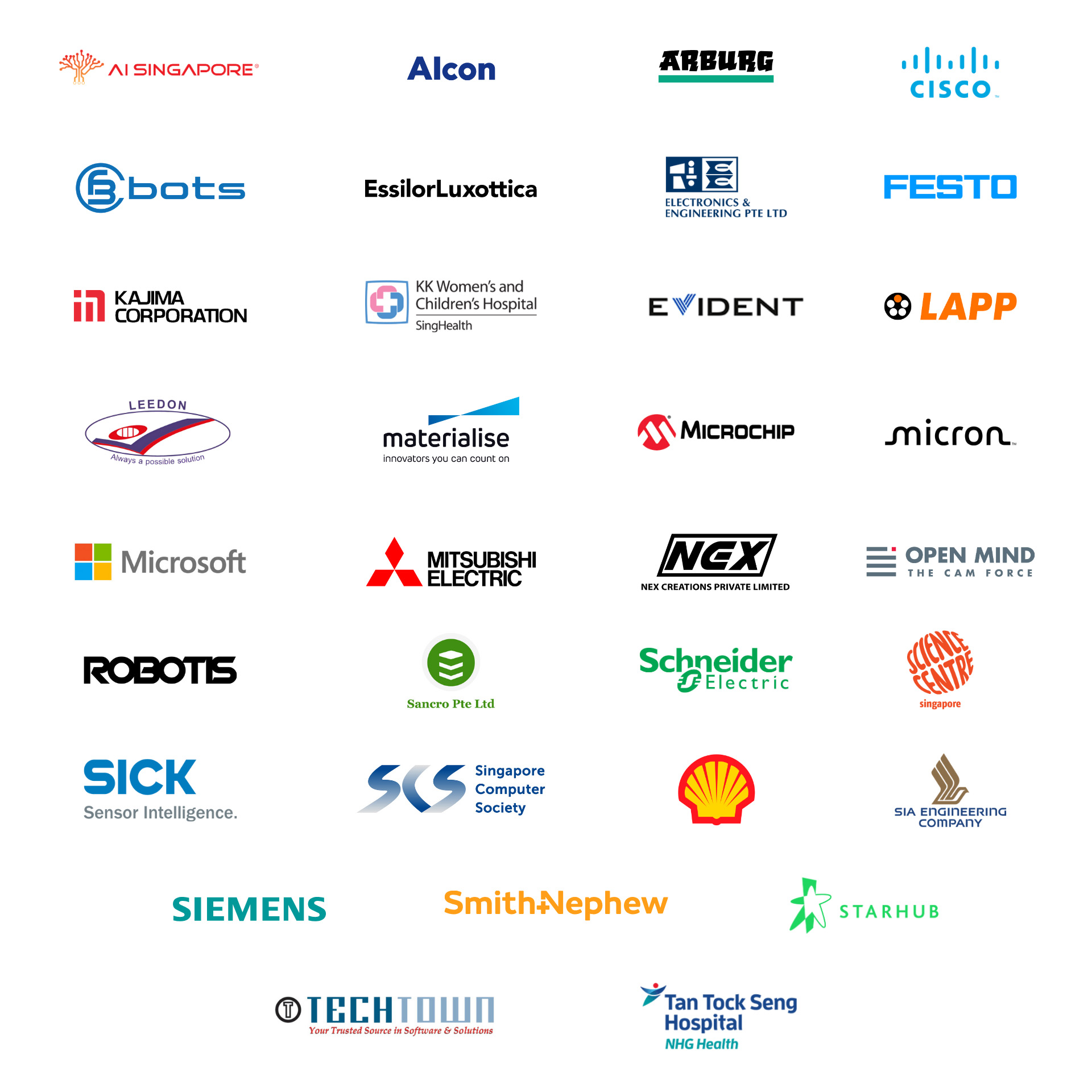 Company logos: AISG, Alcon, Arburg, Cisco, CFB Bots, E&E, Essilor Luxottica, Festo, Kajima, Corp, KKH, Evident Scientific, LAPP, Leedon-Seaward, Materialise, Microchip Technologies, Micron, Microsoft, Mitsubishi Electric, Nex Creations, Open Mind, Robotis, Sancro, Schneider Electric, SCB, SICK, Shell Eastern, Siemens, SIAEC, Starhub, SCS, Smith+Nephew, TechTown, TTSH