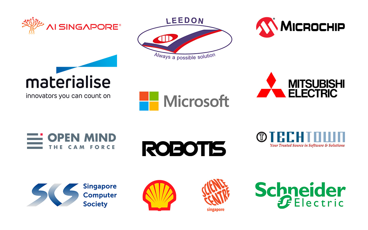 Company logos: AI Singapore, Leedon-Seaward, Materialise, Microchip, Microsoft Corporation, Mitsubishi Electric, OPEN MIND Technologies, ROBOTIS, Shell Eastern, Science Centre Board, Schneider Electric, Singapore Computer Society, TechTown