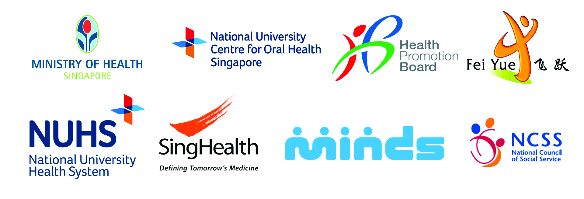 Company logos: MOH, NUCOHS, HPB, FeiYue, NUHS, SIngHealth, Minds, NCSS