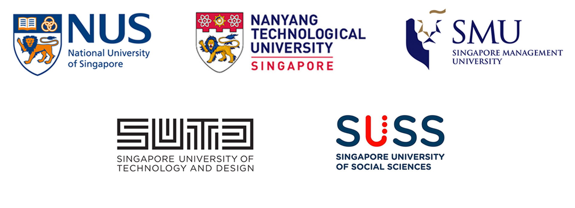 University logos: NUS, NTU, SMU, SUTD, SUSS, SIT-Digipen Insitute of Technology.