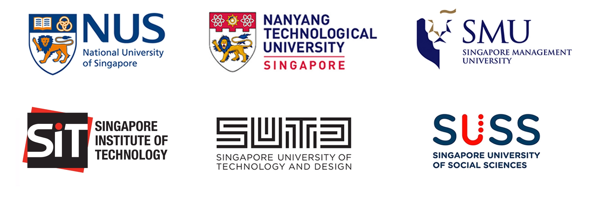 University logos: NUS, NTU, SMU, SUTD, SUSS, SIT.