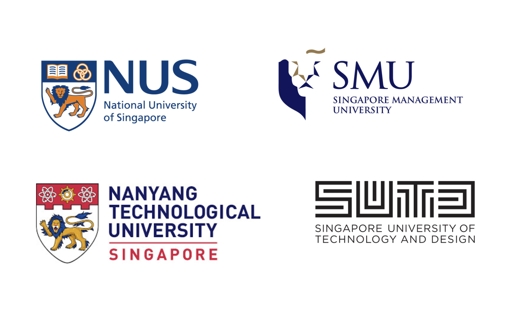 University logos: NUS, NTU, SMU, SUTD.