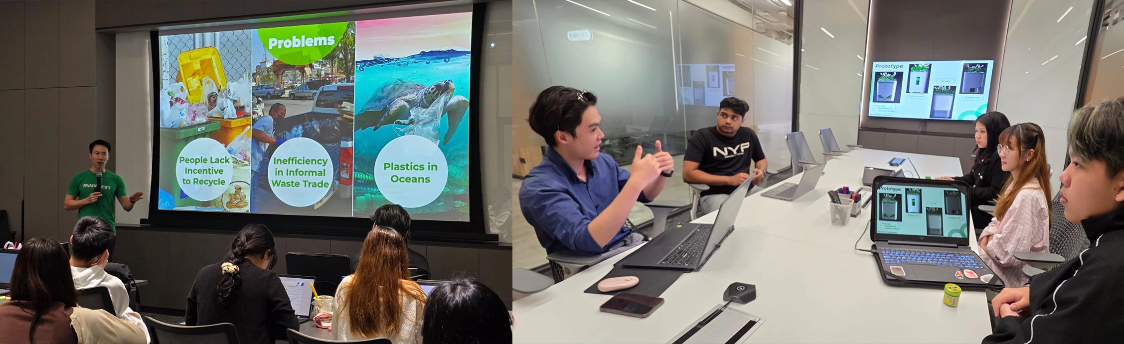 Left: Trash Lucky founder Nattapak (Nat) Atichartakarn giving a presentation to NYP students. Right: Mentorship session with M Prue.
