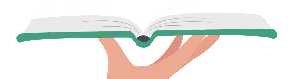 A hand holding up an opened book